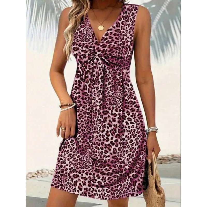 Solstice Apparel Classic Leopard Print Twist Front V-Neck Sleeveless Cinched Wai